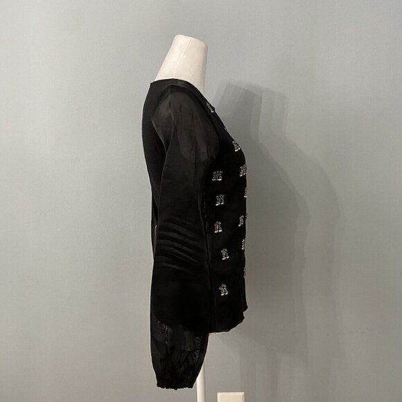 Miri Sweater Embellished Gems Sheer Sleeves Stones XS Black Silver - Picture 3 of 5
